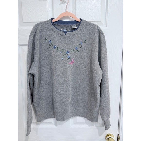Tops - Y2K Vintage Embroidered Floral Butterfly Sweatshirt Gray XL Grandma Core